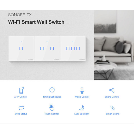SONOFF smart διακόπτης ΤΧ-T2EU2C, αφής, Wi-Fi, διπλός, λευκός