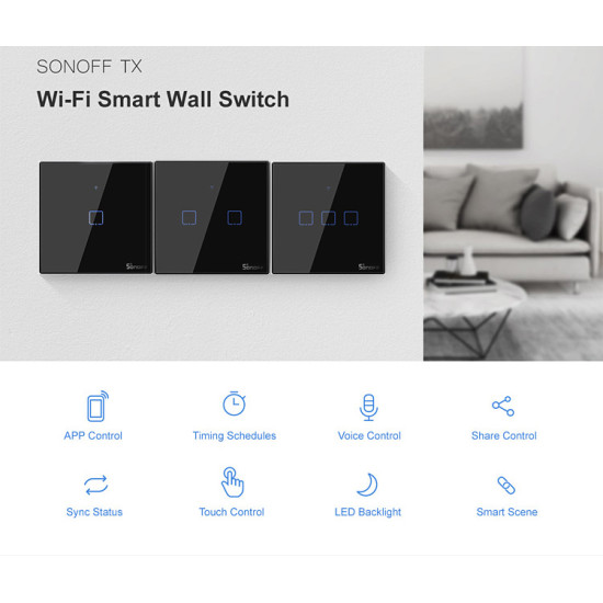 SONOFF smart διακόπτης ΤΧ-T3EU2C, αφής, Wi-Fi, διπλός, μαύρος