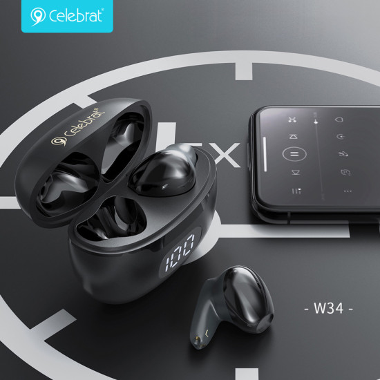 CELEBRAT earphones με θήκη φόρτισης TWS-W34, True Wireless, Φ13mm, μαύρα