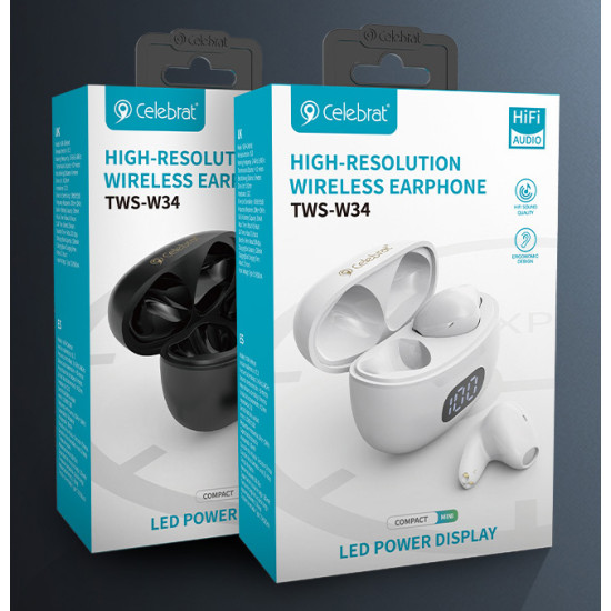 CELEBRAT earphones με θήκη φόρτισης TWS-W34, True Wireless, Φ13mm, λευκά