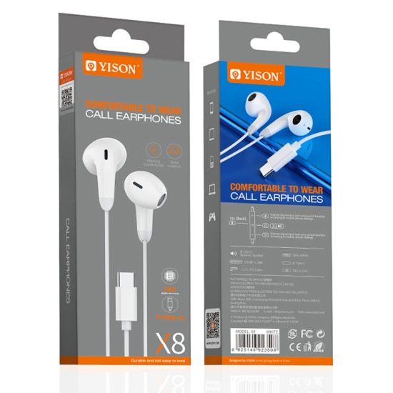 YISON earphones με μικρόφωνο X8, USB-C σύνδεση, Φ13mm, 1.2m, λευκά