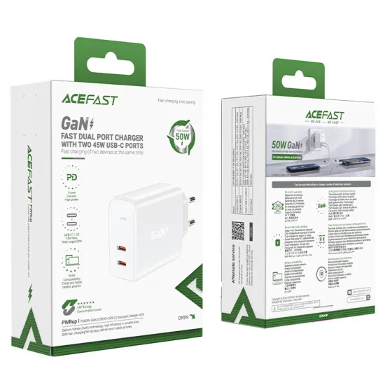 Acefast charger GaN USB Type C 50W, PD, QC 3.0, AFC, FCP white (A29 white)