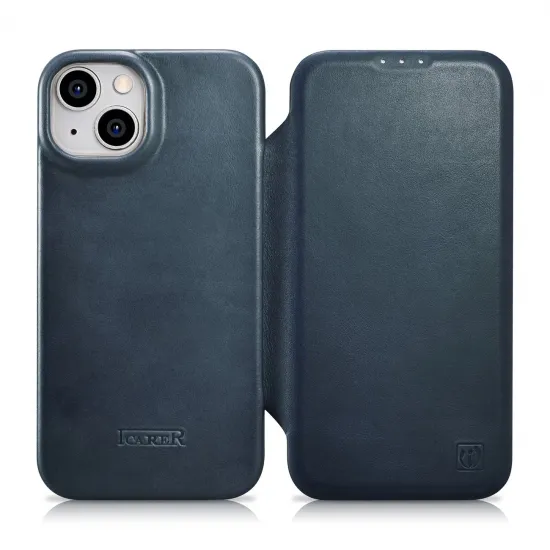 iCarer CE Oil Wax Premium Leather Folio Case iPhone 14 magnetische Klapphülle MagSafe blau (AKI14220705-BU)