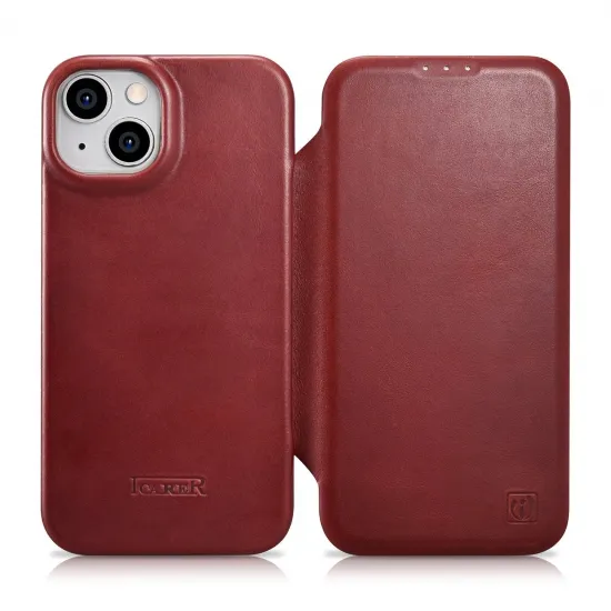 iCarer CE Oil Wax Premium Leather Folio Case iPhone 14 magnetic flip case MagSafe red (AKI14220705-RD)