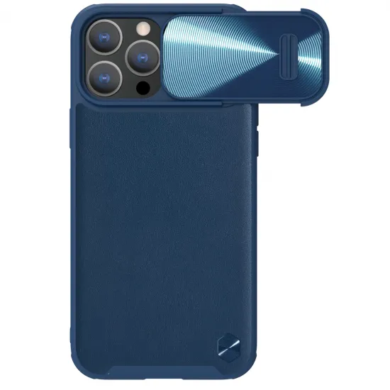 Nillkin CamShield Leather S Case iPhone 14 Pro Hülle mit Kameraabdeckung blau