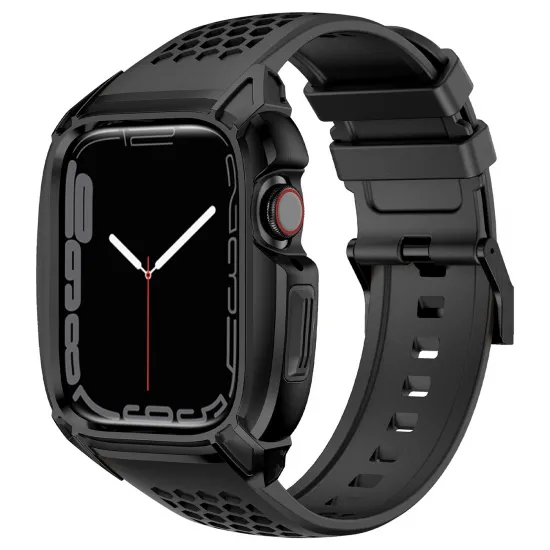 Kingxbar CYF148 2in1 Rugged Case for Apple Watch SE, 6, 5, 4 (44 mm) Stainless Steel with Strap Black