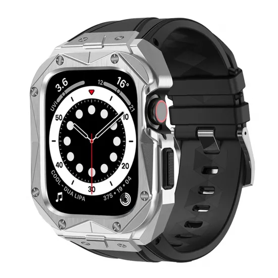 Kingxbar CYF140 2in1 armored case for Apple Watch 9, 8, 7 (45 mm) made of stainless steel with a silver strap