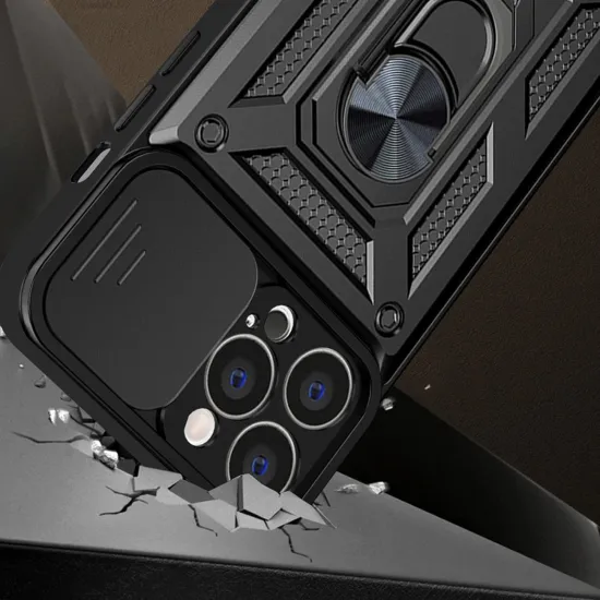 Hybrid Armor Camshield Hülle für iPhone 14 Plus gepanzerte Hülle mit Kameraabdeckung blau