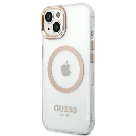 Guess GUHMP14MHTRMD iPhone 14 Plus 6,7 &quot;Gold / Gold Hartschalenetui Metal Outline Magsafe