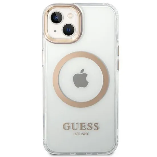 Guess GUHMP14MHTRMD iPhone 14 Plus 6,7 &quot;Gold / Gold Hartschalenetui Metal Outline Magsafe
