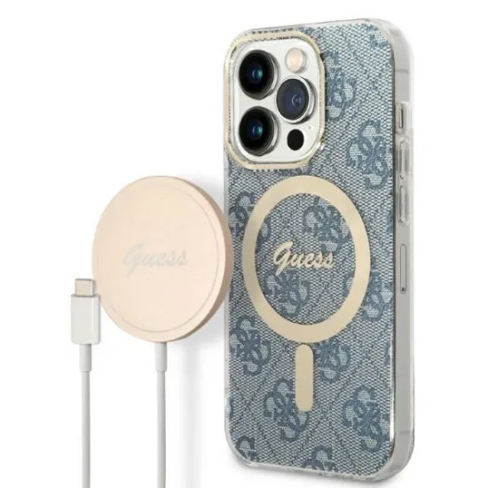 Set Guess GUBPP14LH4EACSB Case+ Charger iPhone 14 Pro 6.1" blue/blue hard case 4G Print MagSafe