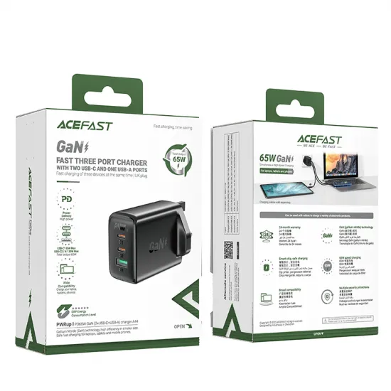 Acefast charger GaN 65W 3 ports (1xUSB, 2xUSB C PD) UK plug black (A44)