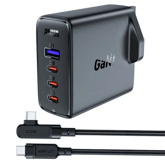 Fast charger GaN UK 100W Power Delivery 3x USB C 1x USB - black