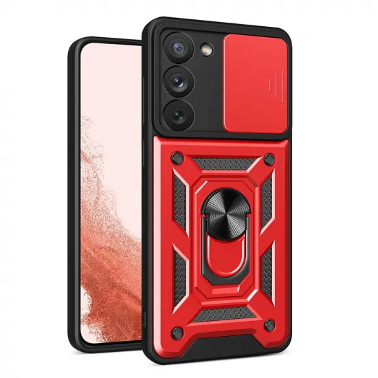 Hybrid Armor Camshield case for Samsung Galaxy S23+ armored cover with camera cover red