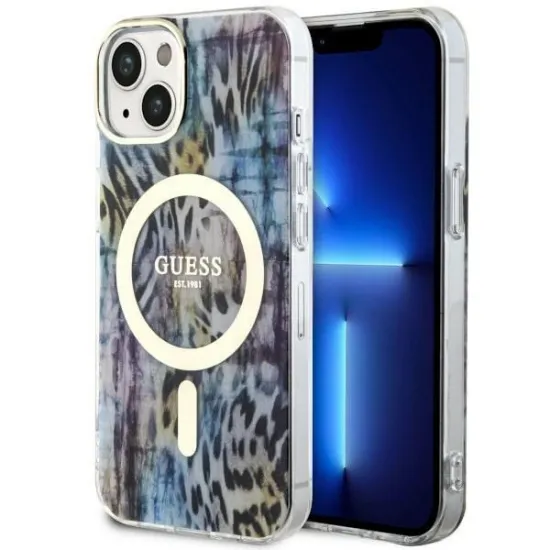 Guess Leopard MagSafe case for iPhone 14 - blue