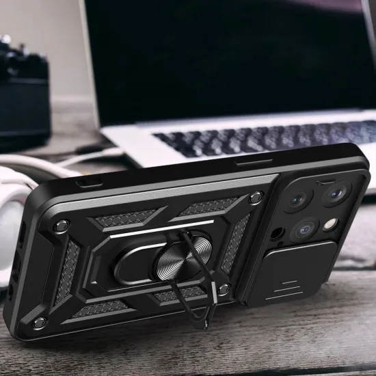 Hybrid Armor Camshield iPhone 15 Pro Hülle mit Ständer und Kameraabdeckung – Blau