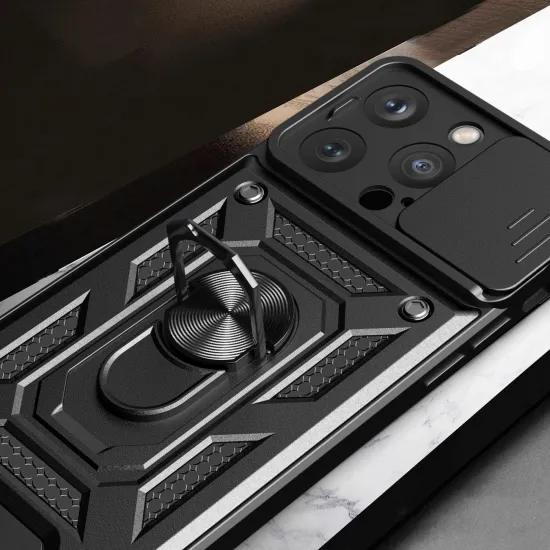 Hybrid Armor Camshield iPhone 15 Pro Hülle mit Ständer und Kameraabdeckung – Blau