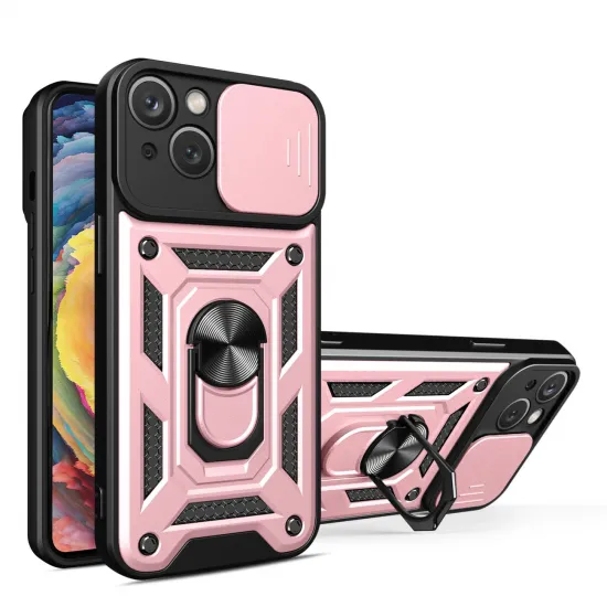 Hybrid Armor Camshield Case with Stand and Camera Cover for iPhone 15 Plus - Pink