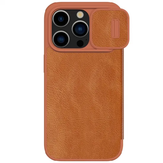 Leather Case with Camera Cover for iPhone 15 Pro Max Nillkin Qin Pro Leather - Brown