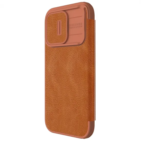 Leather Case with Camera Cover for iPhone 15 Pro Max Nillkin Qin Pro Leather - Brown