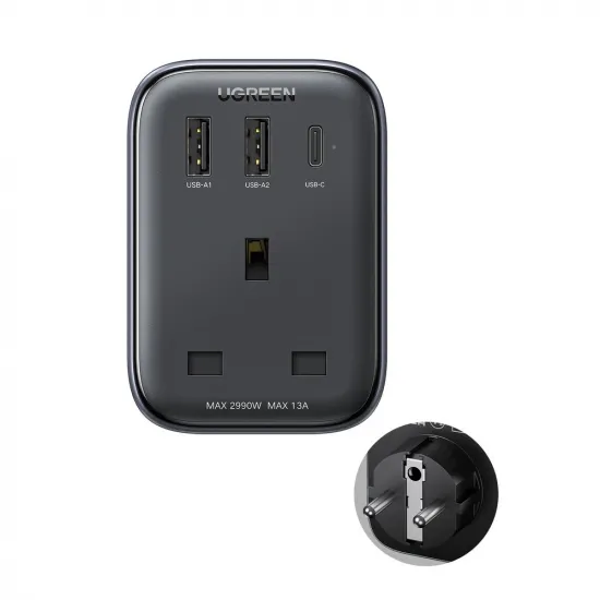 Wall charger 30W (2xUSB/USB C/AC) / UK - EU adapter 13A Ugreen CD314 - black