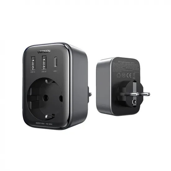 Wall charger 30W (2xUSB/USB C/AC) / adapter EU - EU 13A Ugreen CD314 - black