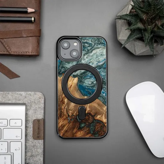 Wood and Resin Case for iPhone 14 MagSafe Bewood Unique Planet Earth - Blue-Green