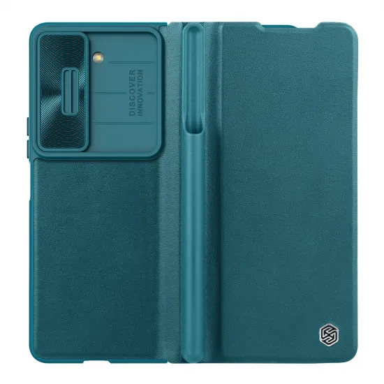 Leather Case with Flip and Camera Protector for Samsung Galaxy Z Fold 5 Nillkin Qin Leather Pro - Green