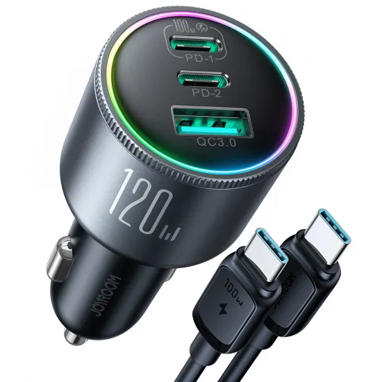 Joyroom JR-CCN07 car charger 120W 2xUSB-C USB-A + USB-C cable 100W - dark gray