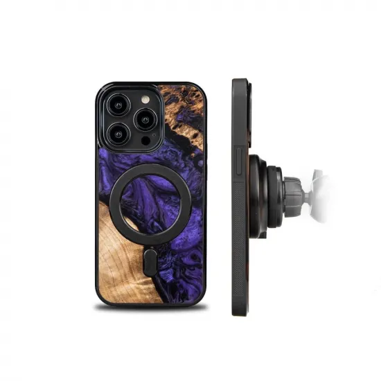 Wood and Resin Case for iPhone 14 Pro MagSafe Bewood Unique Violet - Purple and Black