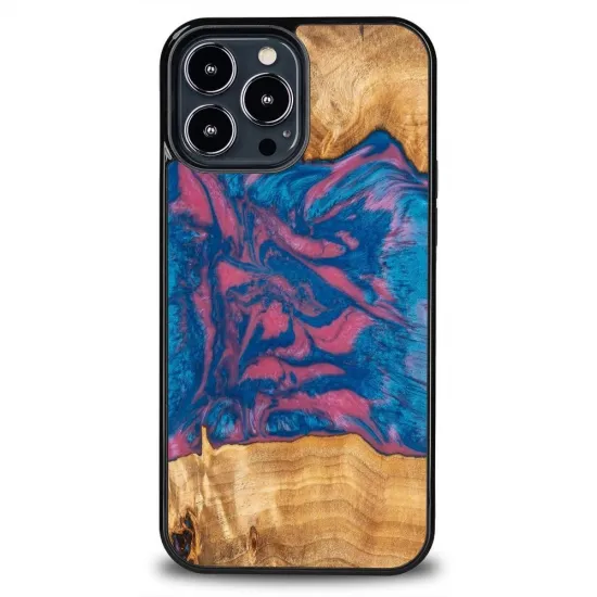 Wood and Resin Case for iPhone 13 Pro Max Bewood Unique Vegas - Pink and Blue