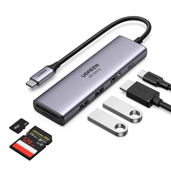 Ugreen 6in1 multifunktionaler USB Typ C HUB – 2x USB 3.2 Gen 1 / HDMI 4K 60Hz / SD- und TF-Kartenleser / USB Typ C PD 100W grau (60384 CM511)