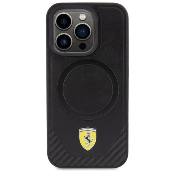 Ferrari Carbon Metal Logo MagSafe-Hülle für iPhone 15 Pro – Schwarz