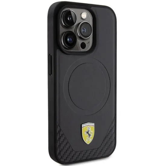 Ferrari Carbon Metal Logo MagSafe-Hülle für iPhone 15 Pro – Schwarz