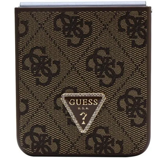 Guess GUHCZF5P4TDPW F731 Z Flip5 case - brown Leather 4G Triangle Strass