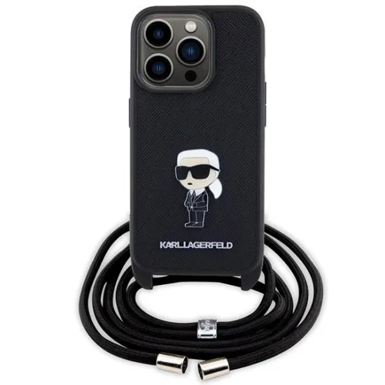 Karl Lagerfeld Crossbody Saffiano Monogram Metal Pin Karl &amp; Choupette Case for iPhone 15 Pro - Black