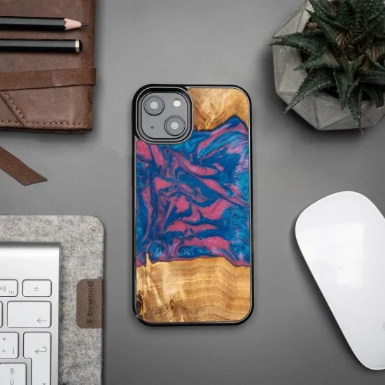 Wood and resin case for iPhone 15 Plus Bewood Unique Vegas - pink and blue