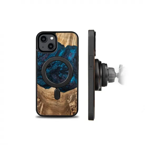 Wood and resin case for iPhone 15 Plus MagSafe Bewood Unique Neptun - navy blue and black
