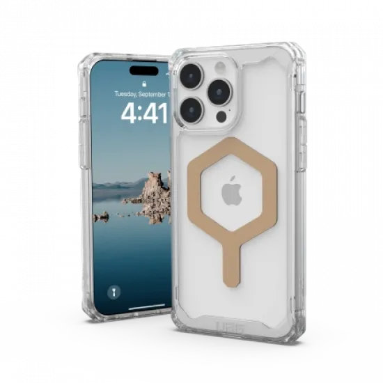 UAG Plyo MagSafe Hülle für iPhone 15 Pro Max – transparent und gold