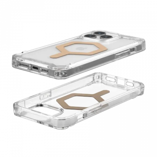 UAG Plyo MagSafe Hülle für iPhone 15 Pro Max – transparent und gold