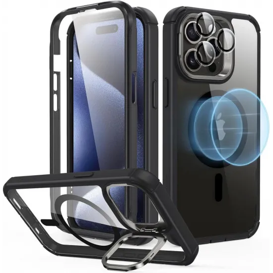 ESR Armor Tough Kickstand Halolock Case with MagSafe for iPhone 15 Pro - Transparent &amp; Black