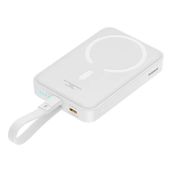 Baseus Magnetic Mini MagSafe 10000mAh 20W powerbank with built-in Lightning cable - white + Baseus Simple Series USB-C - USB-C 60W 0.3m cable