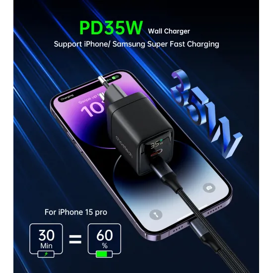 Choetech PD6051 USB-C USB-C PD 35W GaN wall charger with display - black