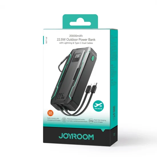 Joyroom JR-L018 22.5W 20000mAh Powerbank with built-in USB-C / Lightning cables - black
