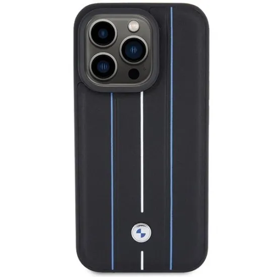 BMW Leather Stamp Blue Lines case for iPhone 15 Pro Max - black