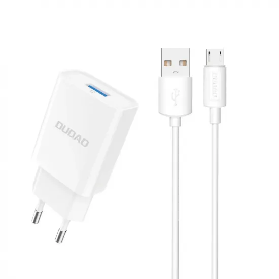 Dudao A4EU USB-A 2.1A wall charger - white + USB-A - micro USB cable