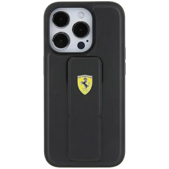 Ferrari Grip Stand Metal Logo case for iPhone 15 - black