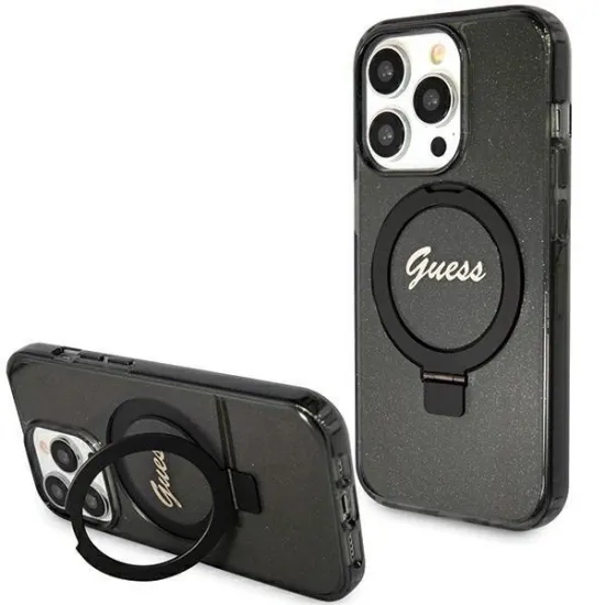 Guess Ring Stand Script Glitter MagSafe case for iPhone 15 Pro - black
