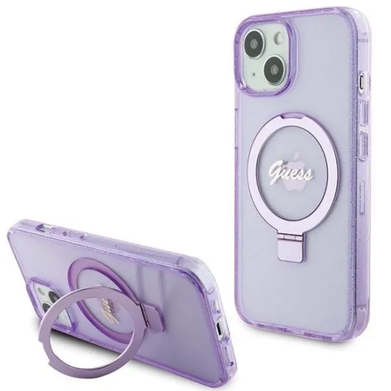 Guess Ring Stand Script Glitter MagSafe case for iPhone 15 Plus / 14 Plus - purple