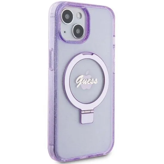 Guess Ring Stand Script Glitter MagSafe case for iPhone 15 Plus / 14 Plus - purple